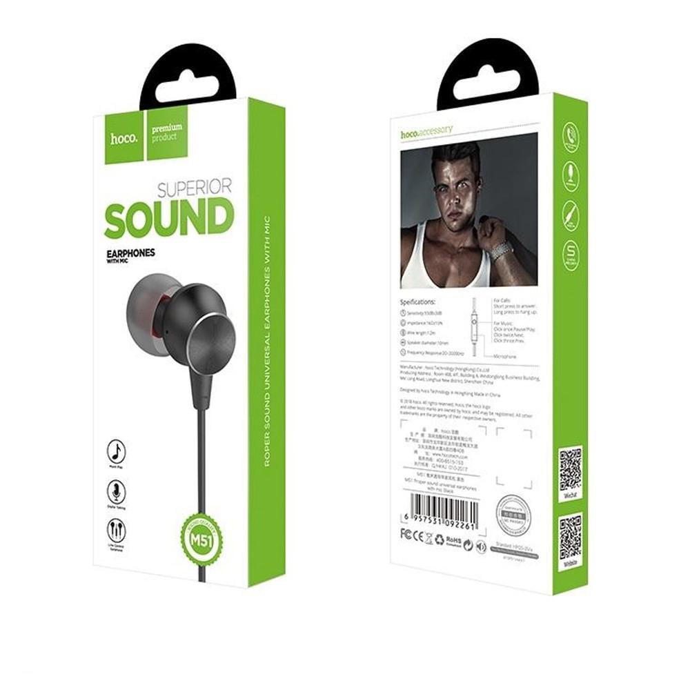 Навушники Hoco M51 Proper sound universal earphones with mic Black - фото 2