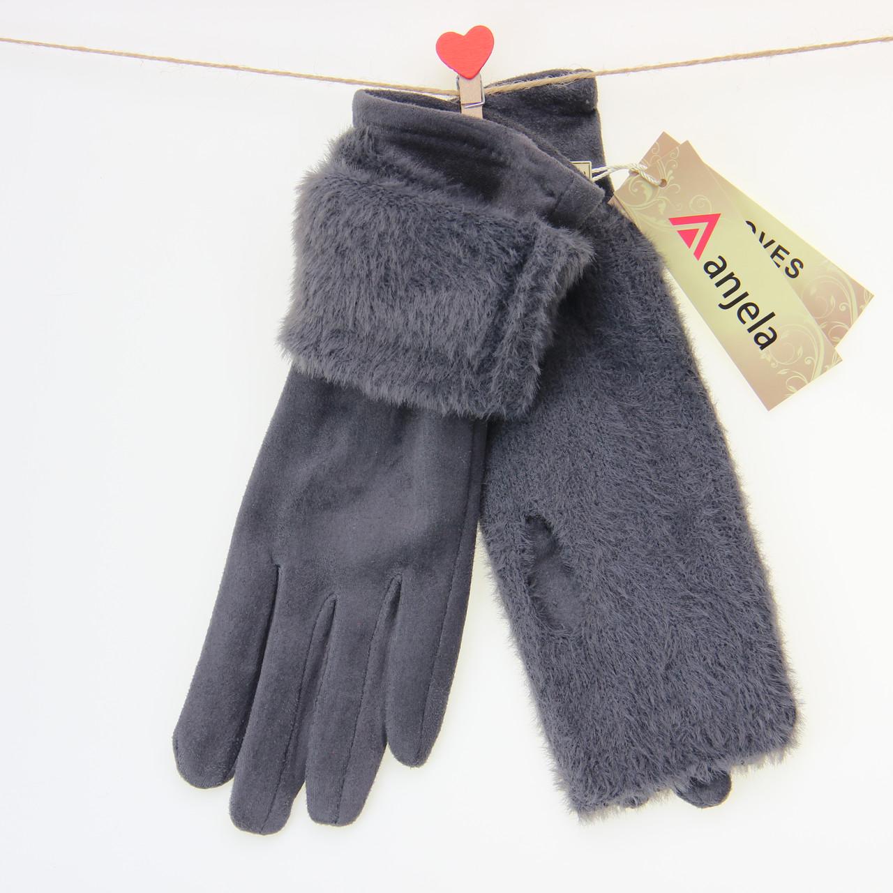 Перчатки женские Травка сенсорные велюровая с накидным верхом S-М Темно-серый (33873)