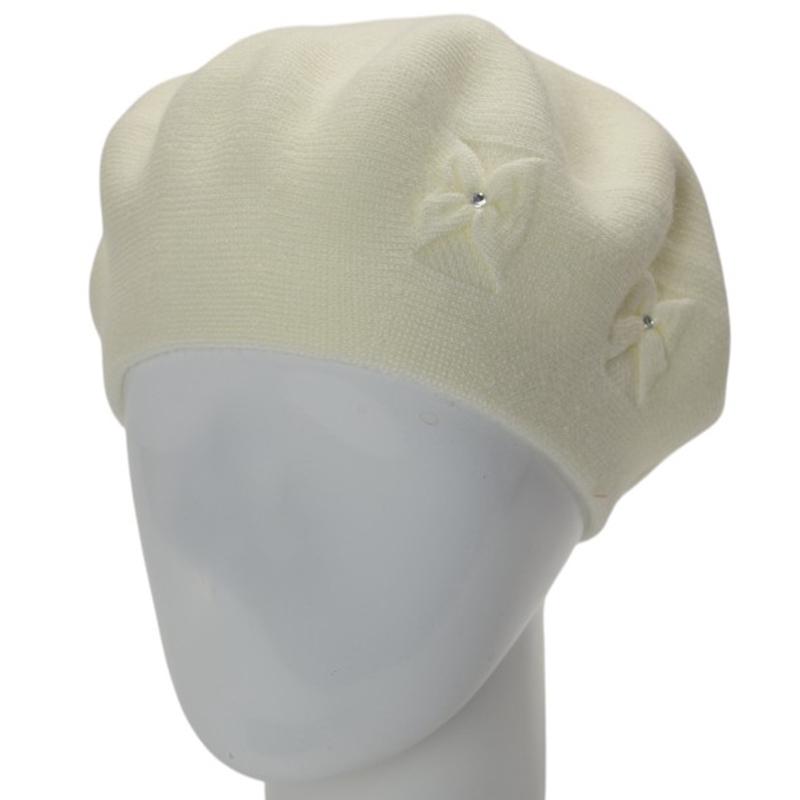 Берет женский двойной тонкой вязки Lirus Баунти с узором и стразами Молочный