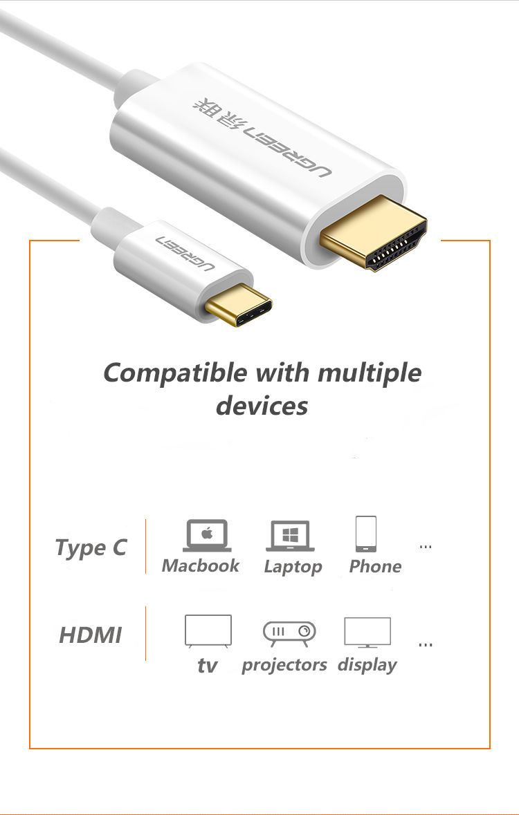 Кабель UGREEN Type-C-HDMI 4K 60Hz відеоконвертер USB-C на HDMI 2.0 Thunderbolt 3 1,5 м Білий (30841) - фото 9