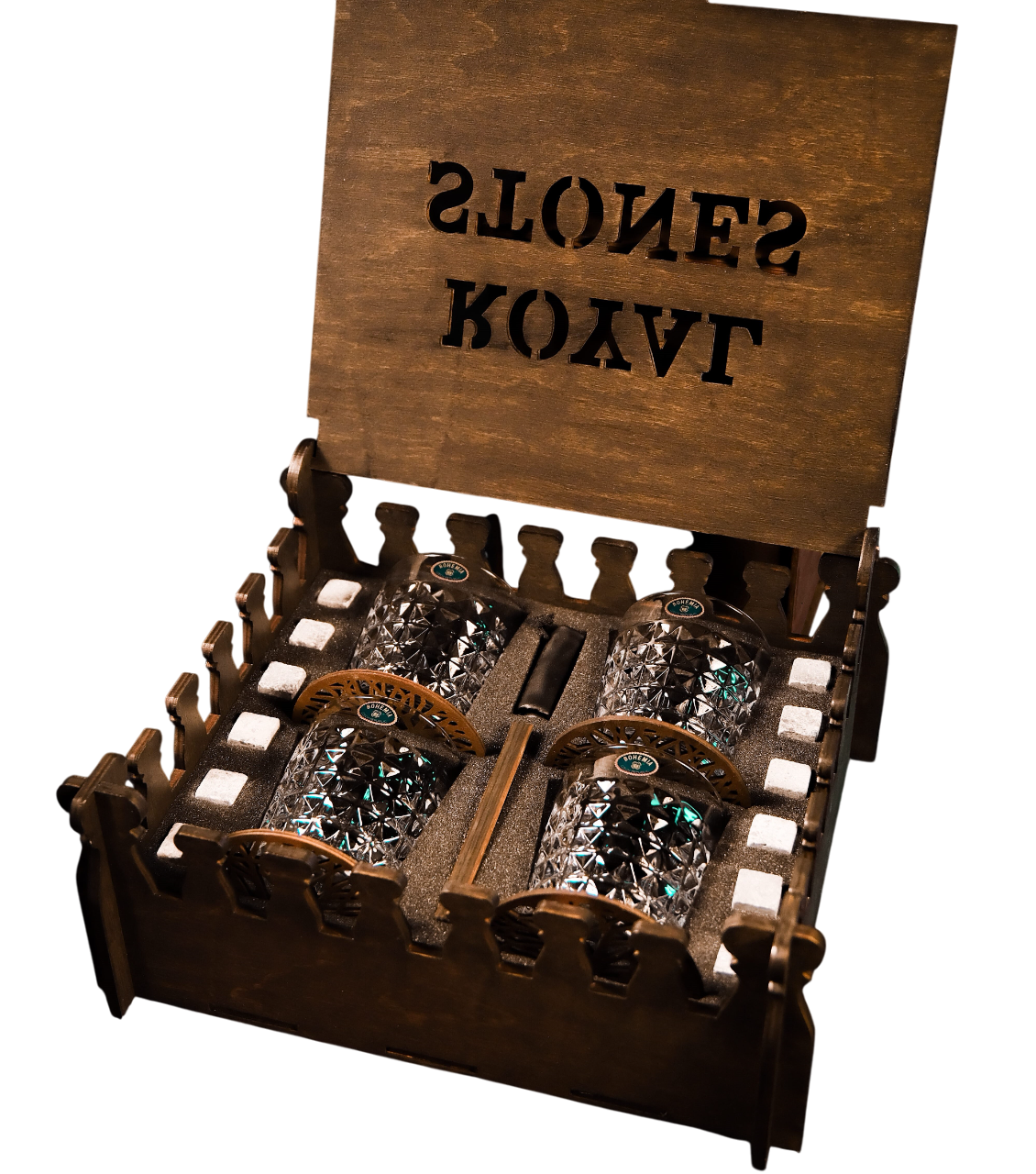 Камені для віскі Royal Stones Фортеця 12 шт. з бокалами Bohemia Diamond 230 мл 4 шт./мішечком/щипцями/підсклянниками 4 шт. та сертифікатом - фото 1