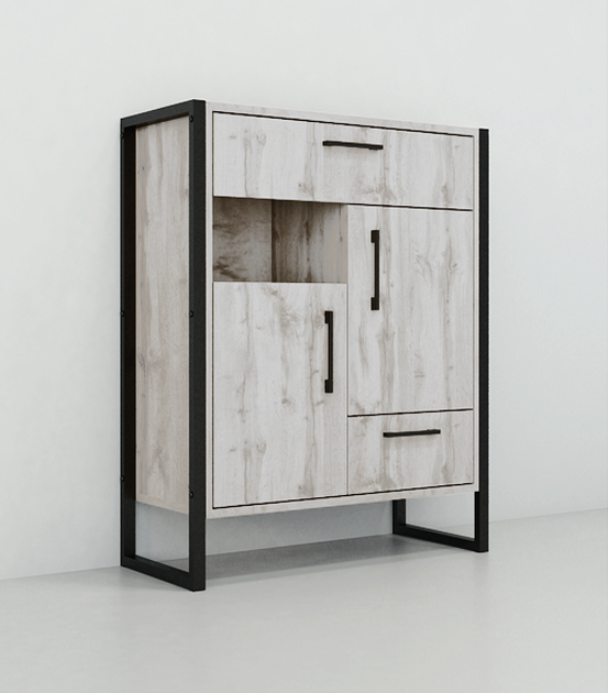 Тумба для прихожей Tobi Sho Норд ЛТ-11 в стиле Лофт с ящиками и дверцами 660х350х900 мм Дуб крафт белый