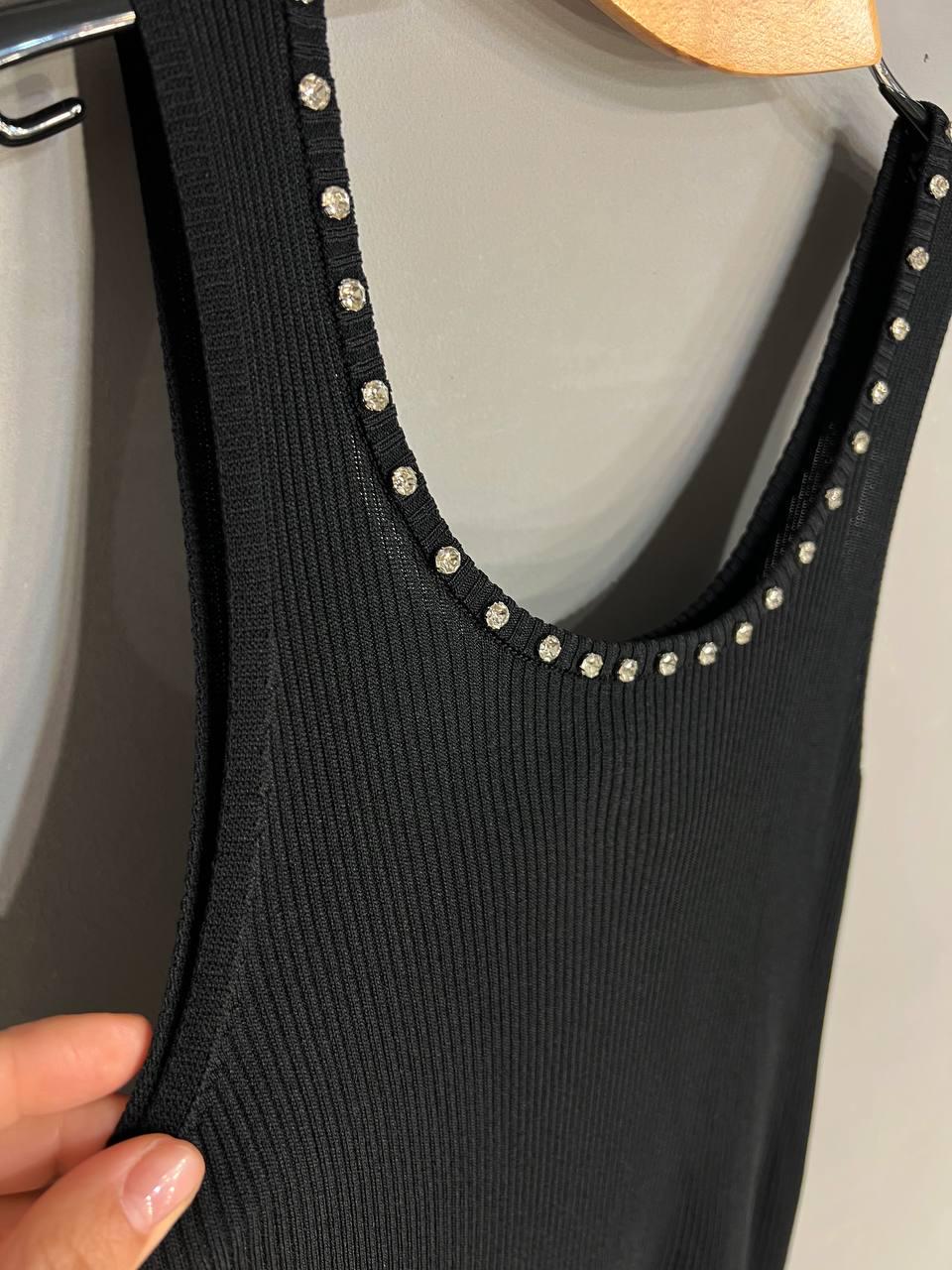 Майка женская A-N 3805 в рубчик с камнями на вырезе OS Черный (26404731) - фото 2