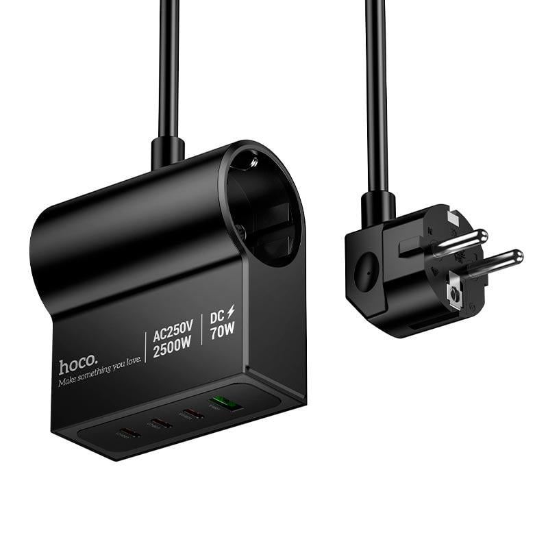Подовжувач мережі Hoco AC34 до 2500W 1,5 м з 2 розетками 3xUSB-C/1xUSB-A Black (24395)