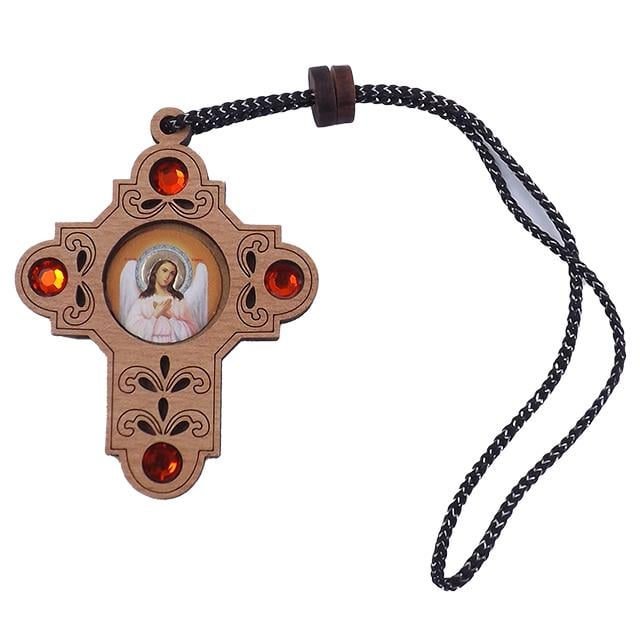 Крест деревянный на зеркало заднего вида на нитке с камнями Ангел Хранитель 6,5х5,0 см (651564)