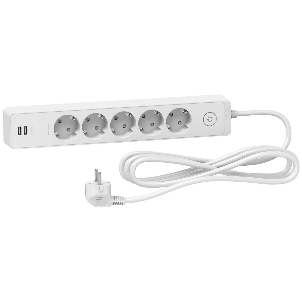 Удлинитель на 5 розеток/2хUSB кабель Schneider Electric 3 метра Белый - фото 1