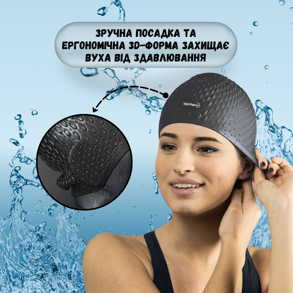 Шапочка для плавання для довгого волосся Hechpro Чорний (1696) - фото 7 Шапочка для плавання для довгого волосся Hechpro Чорний (1696) - фото 7