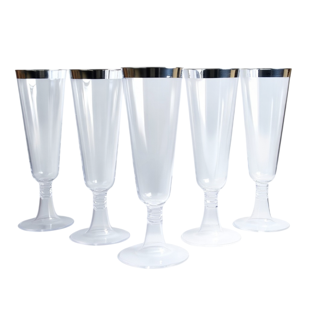Набор пластиковых бокалов для шампанского премиум класса многоразовые с серебристым ободком 6 шт. 147 мл