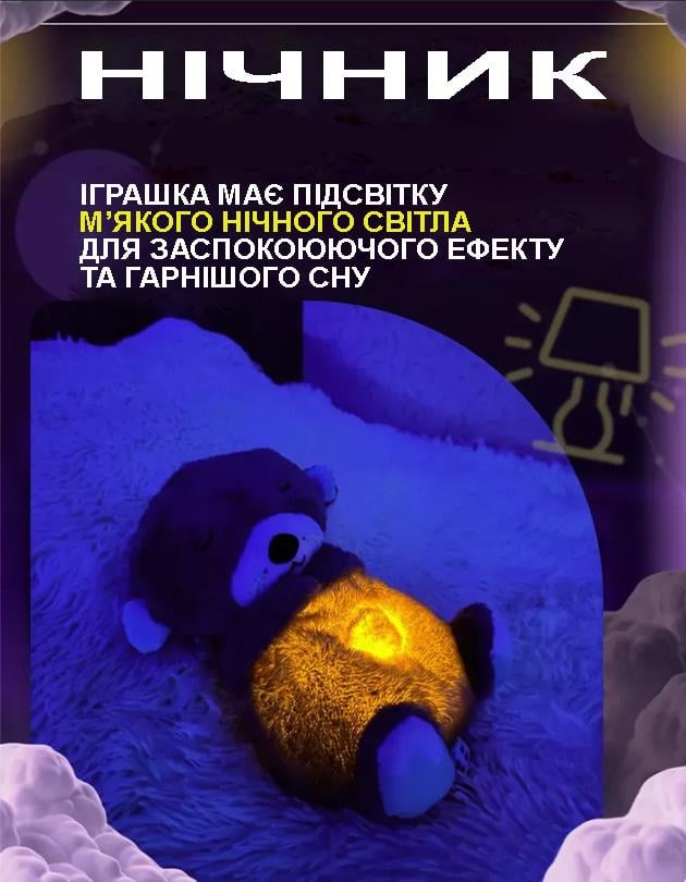 Іграшка нічник Видра дихаюча плюшева для сну 4 режими в коробці 25 см Світло-сірий - фото 3