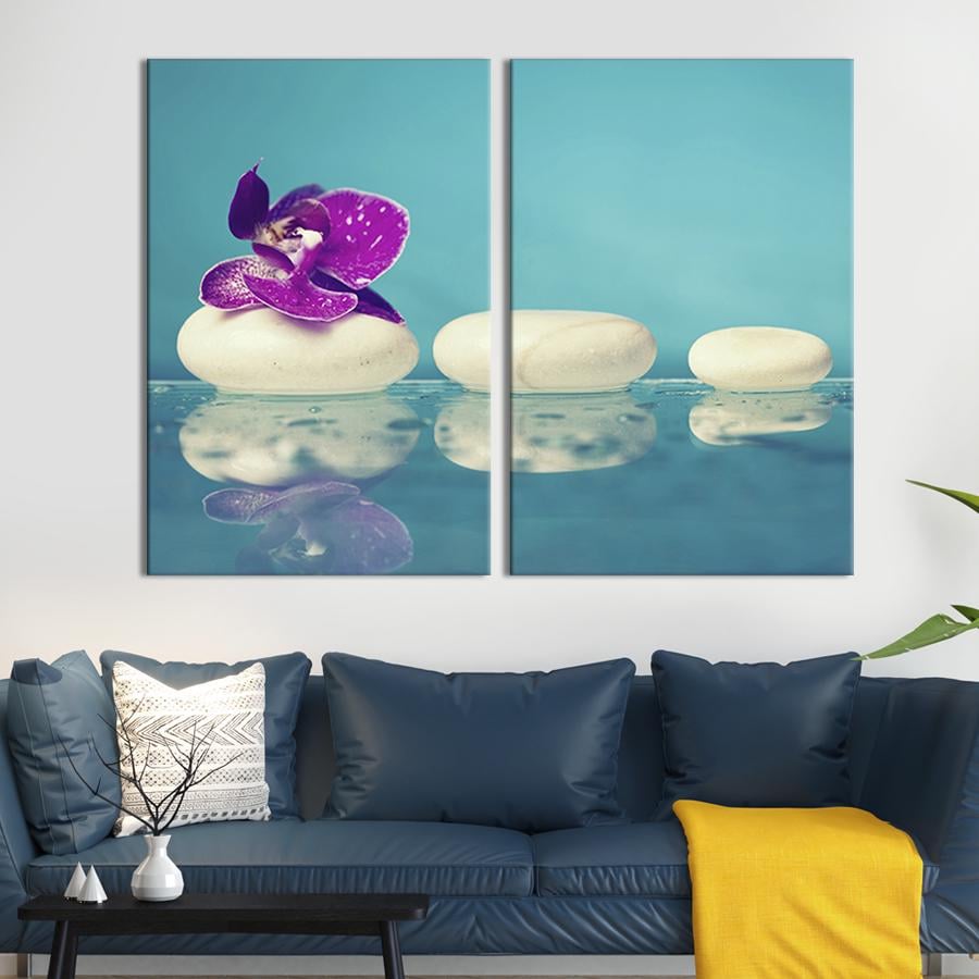 Настенный декор диптих картина на холсте для интерьера Белые спа-камни и пурпурная орхидея 71x51 см (69-2)