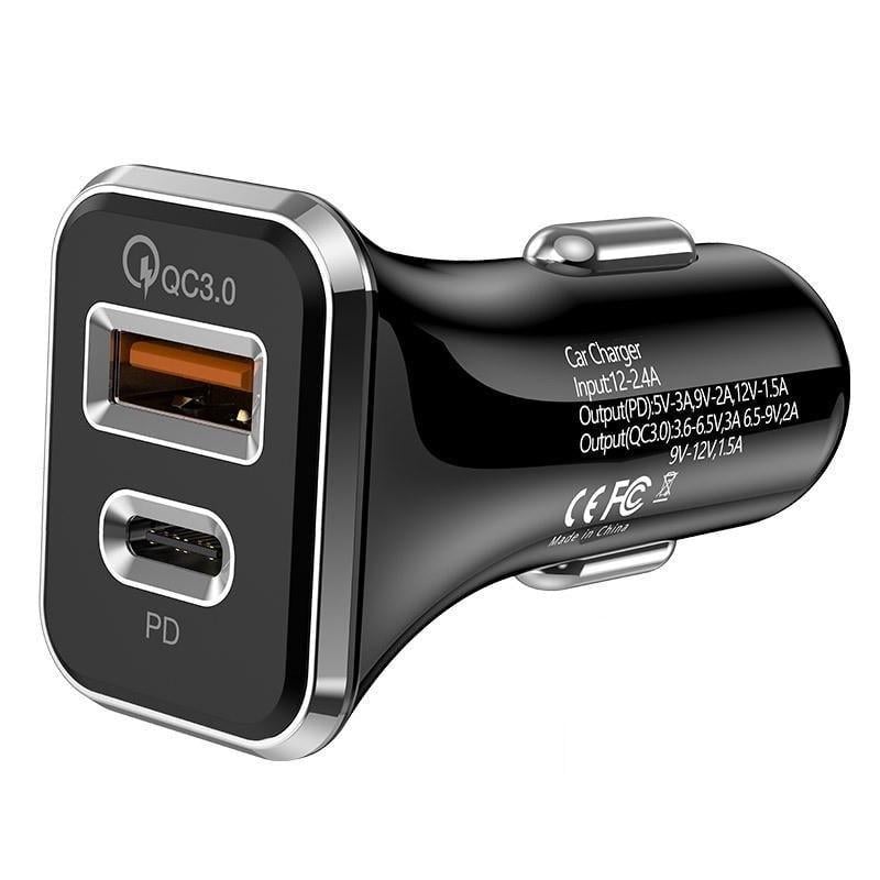 Зарядное устройство для автомобильного Floveme с 2 портами Quick Charge 3.0 USB+PD 20W Черный (1838164850)