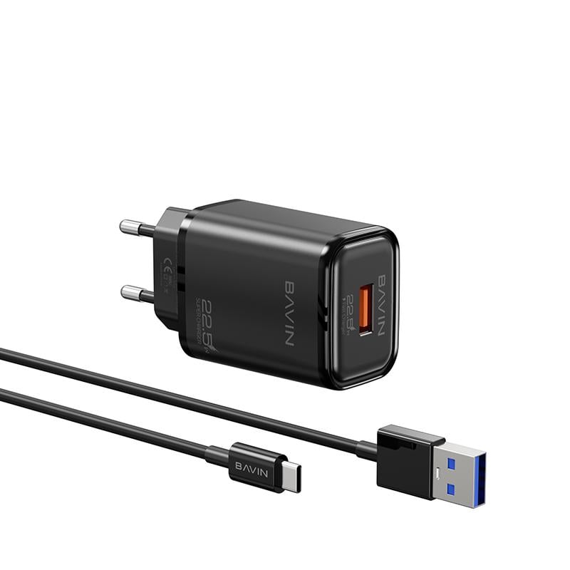 Зарядное устройство BAVIN PC2029Y-С 22,5W USB-A 3A Super Quick Charge и кабель USB-A/Type-C Black (32996829)