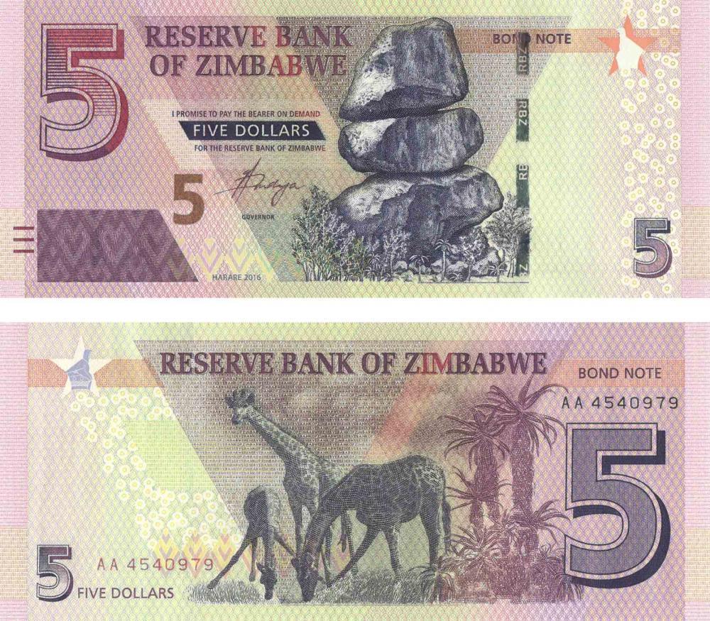 Коллекционная банкнота Зимбабве 5 долларов 2016 UNC Жирафы P100 (Б08676)