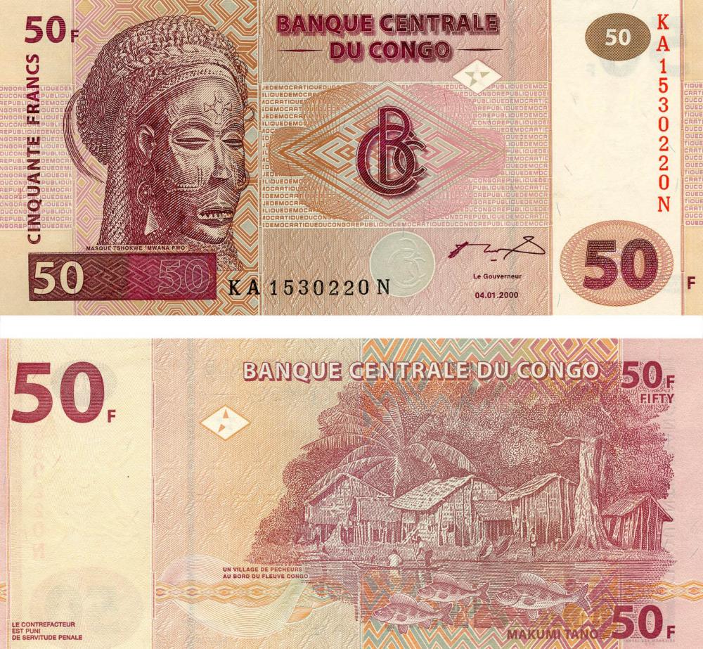 Коллекционная банкнота Демократическая республика Конго 50 франков 2000 UNC P91 (Б07726)