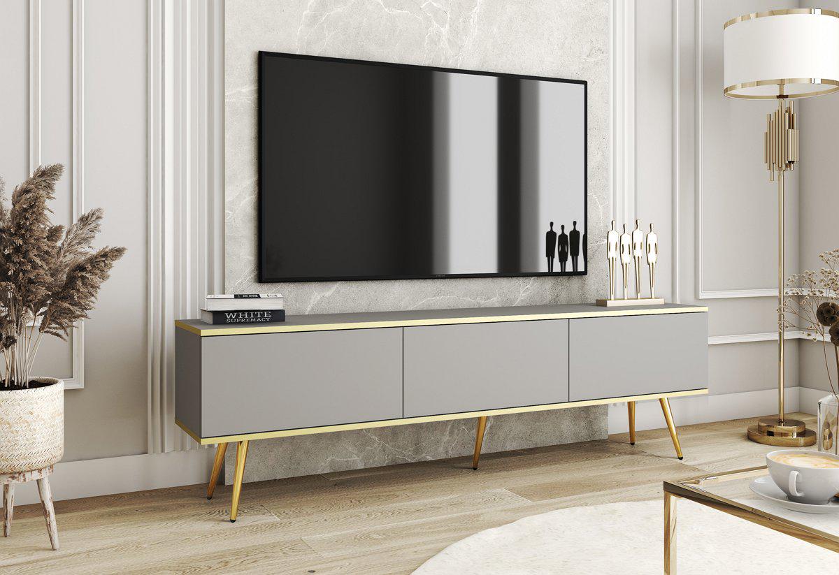 Тумба под телевизор Perfect Home Oro RTV175 3-дверная с золотыми ножками Серый (PFH-091320)