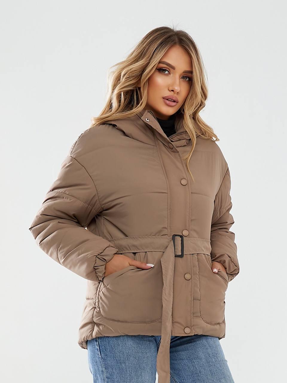 Куртка утеплена Khan коротка з поясом р. 42 Каваовий з молоком (Kh332) - фото 5