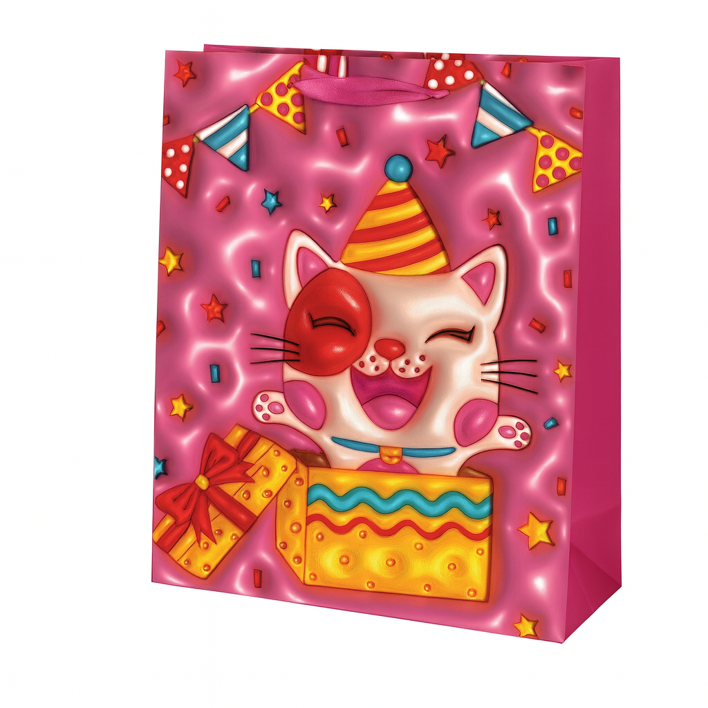 Подарунковий пакет Stenson Happy Birthday 3D з кошеням 18х23х8 см Рожевий (R98657-S)