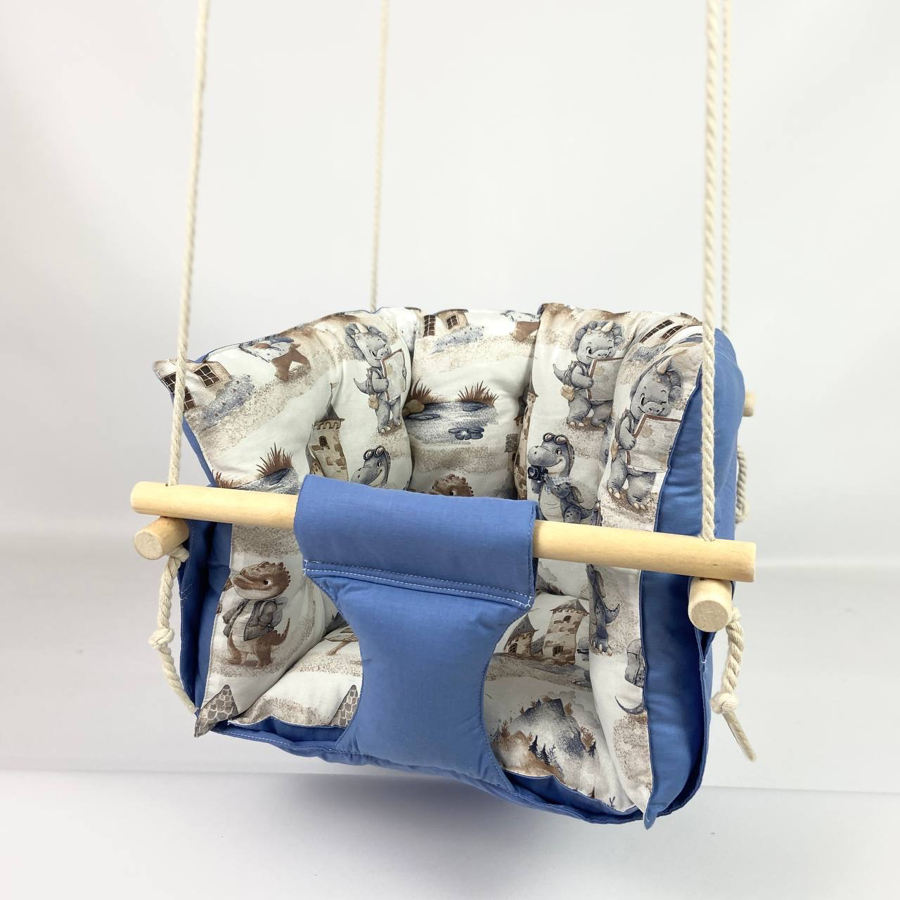 Детские качели подвесные хлопковые Премиум с динозаврами Голубой (gs-8794)