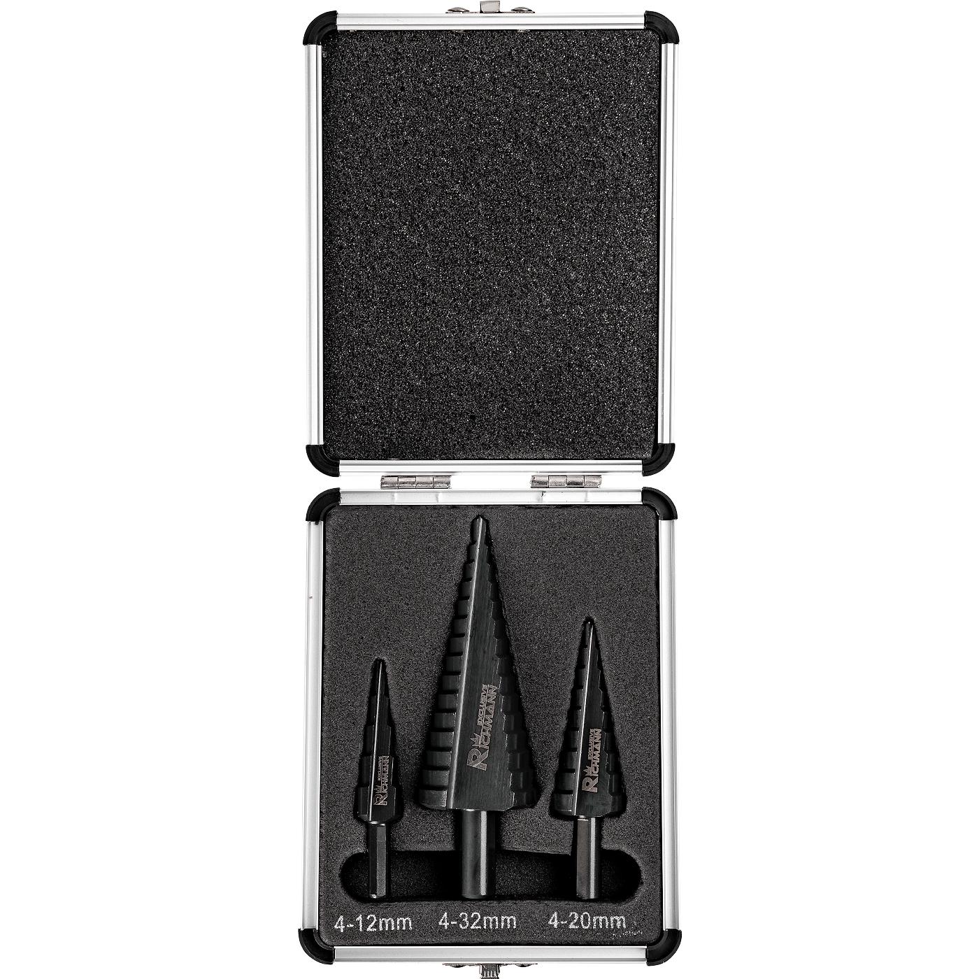Ступінчасті свердла Richmann набір 3 шт. по металу HSS 4-12 мм/4-20 мм/4-32 мм металевий кейс (C9265) - фото 3