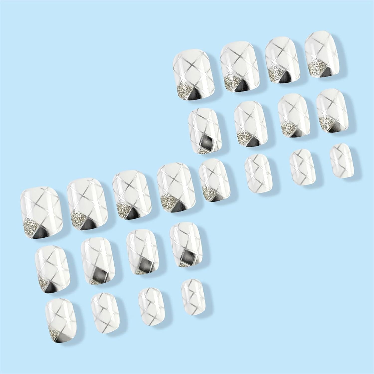 Накладні нігті з дизайном Ромби з клейовими пластинами 24 шт. Білий із сріблястим (2689612528) - фото 5 Накладні нігті з дизайном Ромби з клейовими пластинами 24 шт. Білий із сріблястим (2689612528) - фото 5