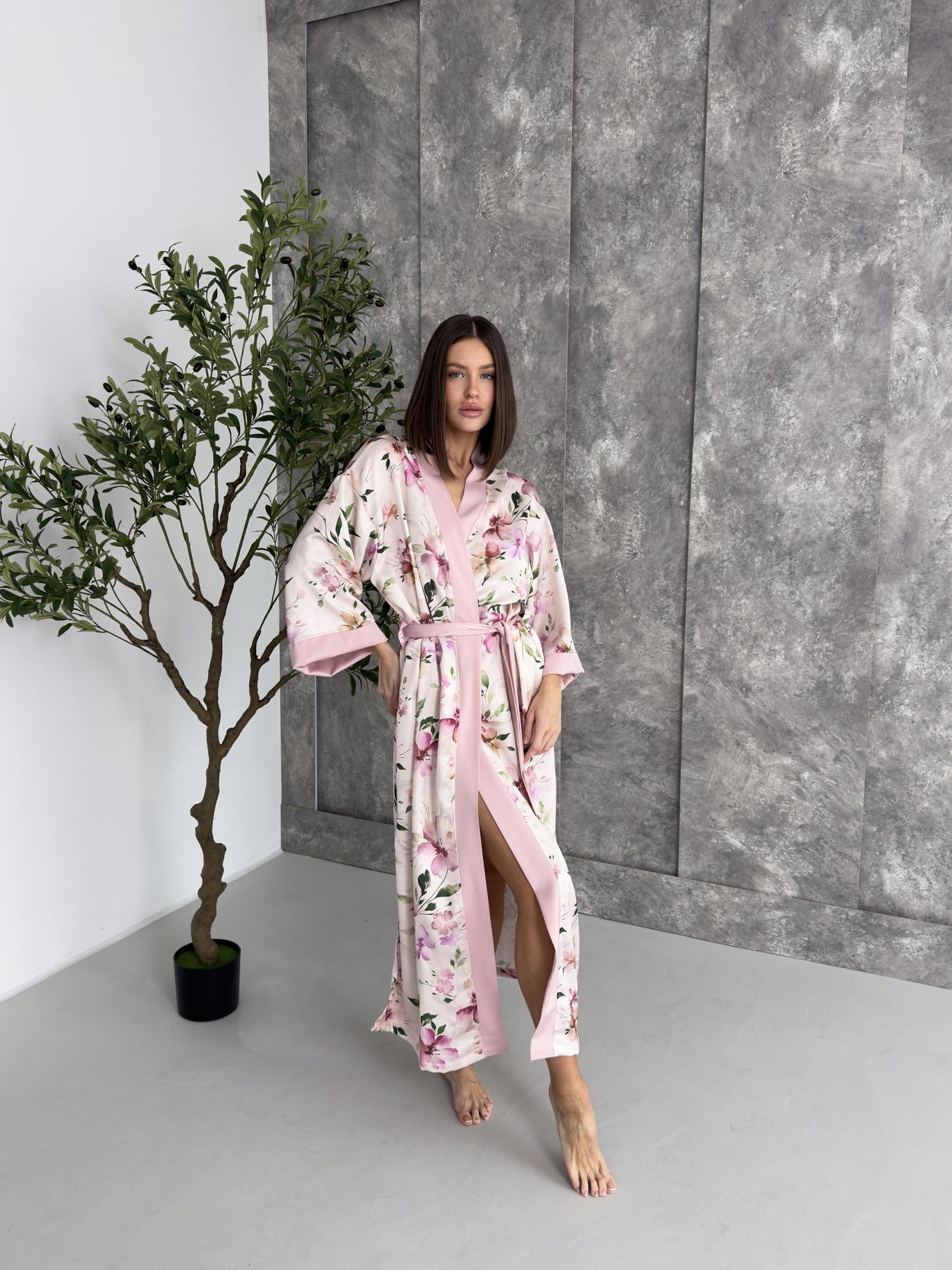 Женский Халат-кимоно длинный COSY Morning Bloom Розовые цветы шелк-сатин L/XL Молочный MB1 (MB1/LXL)