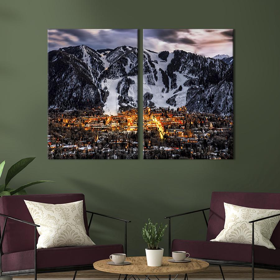 Модульная картина на холсте Диптих Городок под снежной горой 165x122 см (619-2)