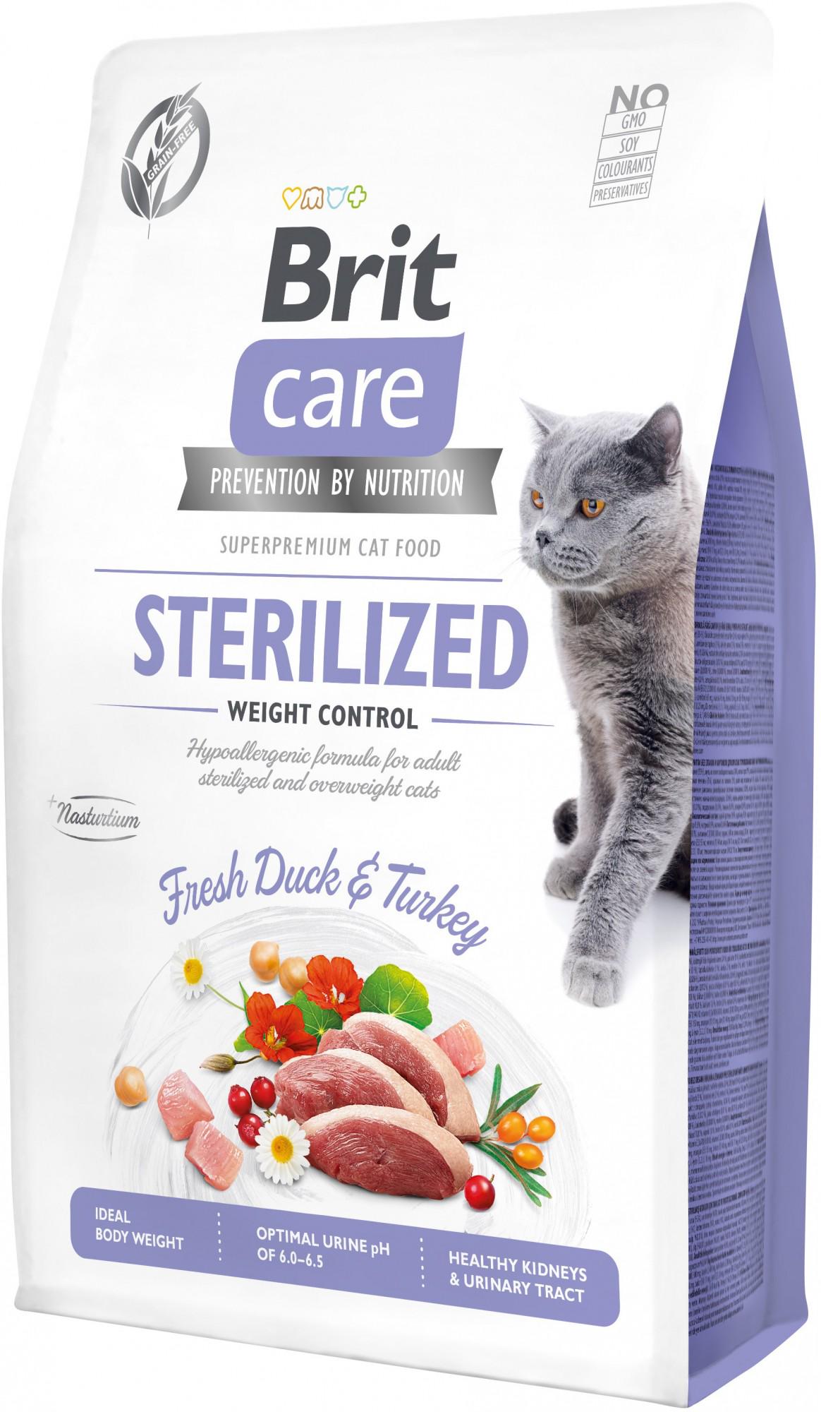 Сухой корм для стерилизованных котов и котов с избыточным весом Brit Care Cat GF Sterilized Weight Control с уткой и индейкой 2 кг (8595602540792) - фото 1