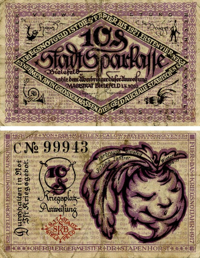 Колекційна банкнота Німеччина Нотгельд 10 пфеннігів 1919 F-VF Білефельд Різновид 2 (Б18420)