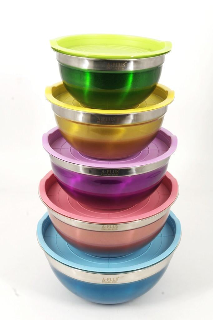 Набір мисок із нержавіючої сталі з пластиковими кришками 5 шт. Різнокольоровий