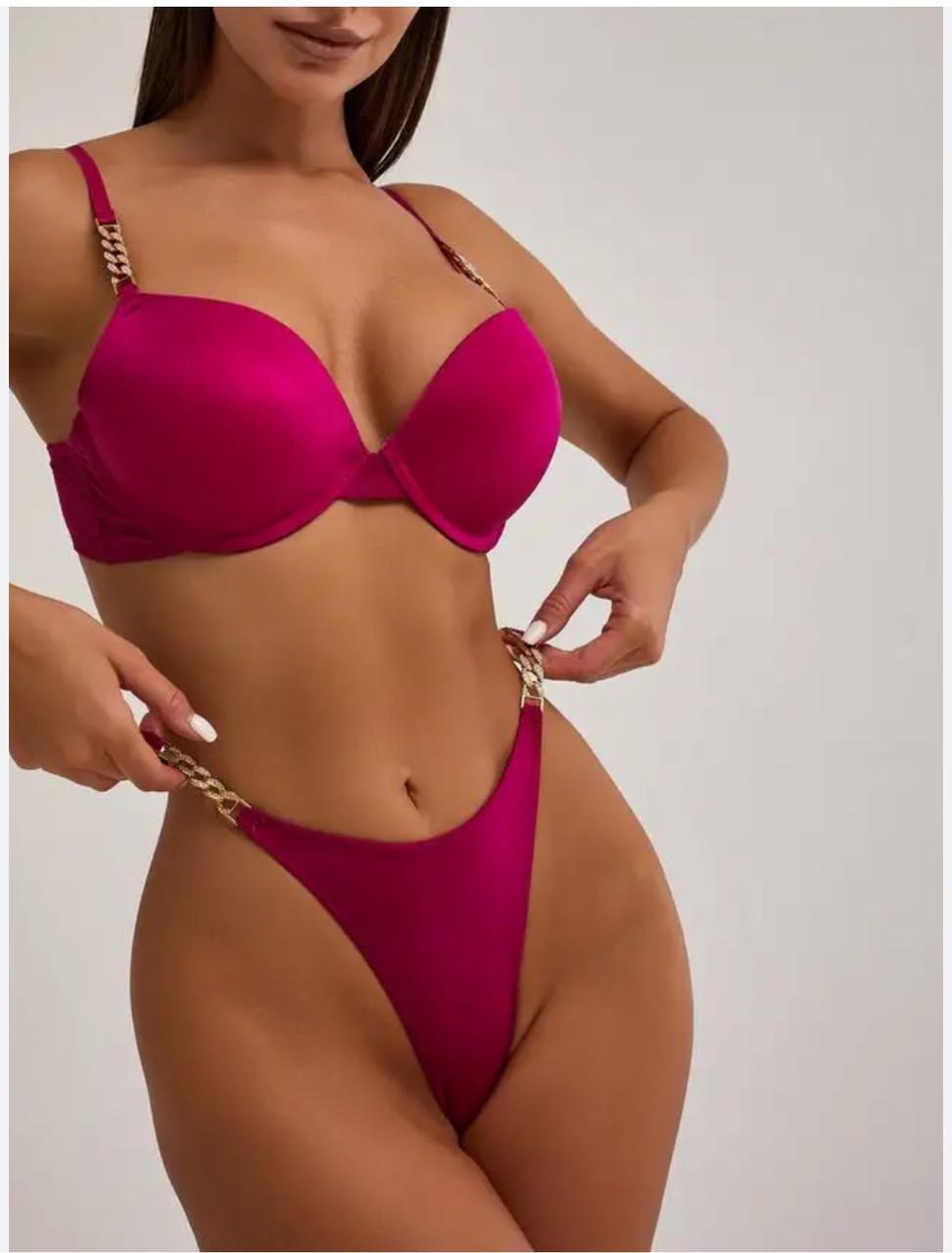 Комплект жіночої нижньої білизни Victoria's Secret з принтом 75B-S Фуксія (8074)