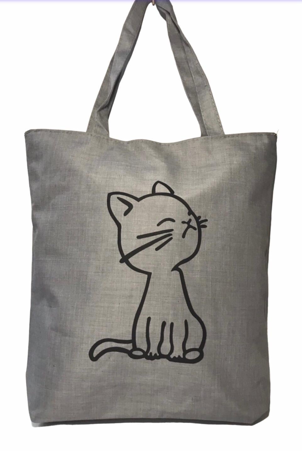 Шопер женский повседневный на молнии обиженный котик Серый (026S)