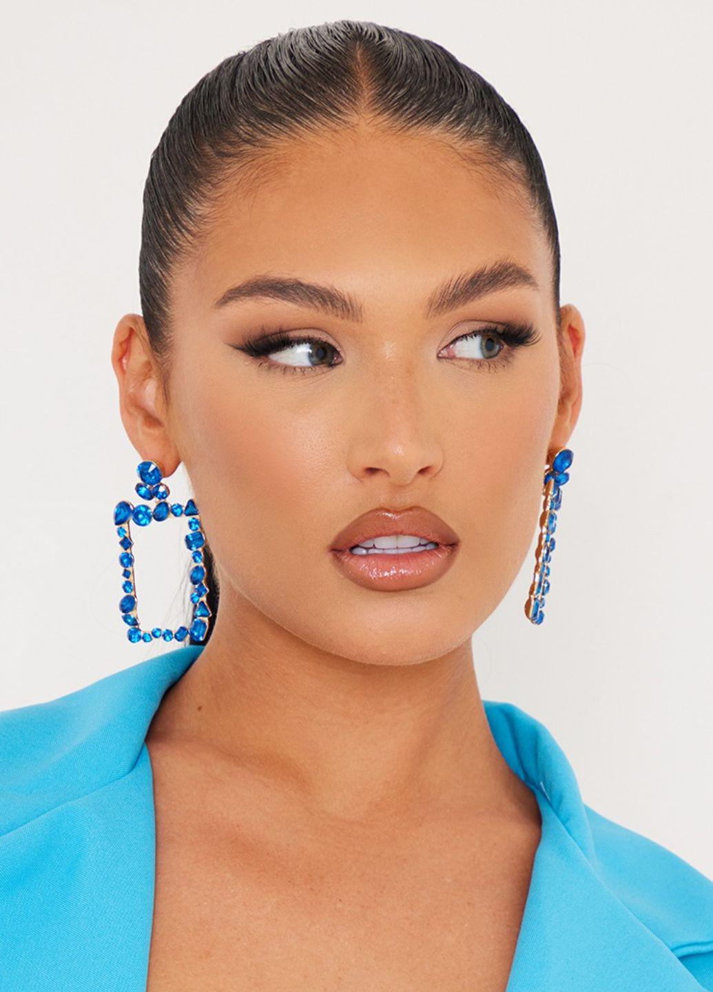 Серьги женские с камнями прямоугольные Pretty Little Thing Золотистый/Синий (12418)