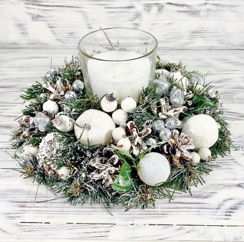 Композиция новогодняя со свечой 25 см Белый/Серебристый (8792843)