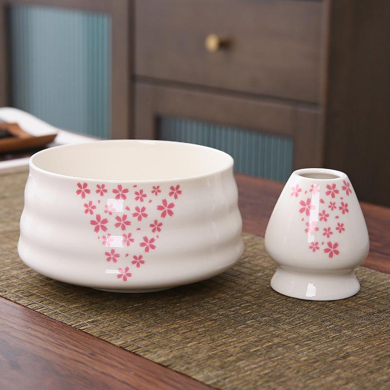 Комплект чаша Чаван/Тяван керамическая для чая матча с подставкой Кусенаоши венчика часен Sakura White (KC17SW)