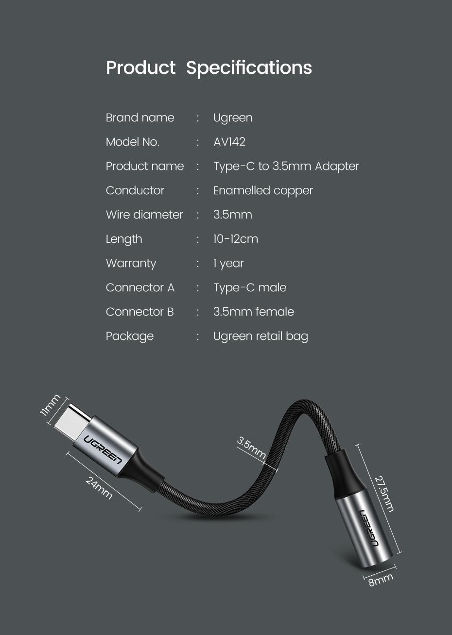 Переходник для наушников UGREEN Type-C-3.5 мм minijack Аудио AUX на USB-C 0,12 м Черный (30632) - фото 10