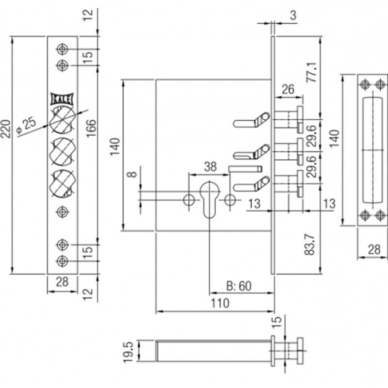 Замок Kale 287D цилиндрический В 60 мм с поворотными ригелями (1-30166) - фото 2 Замок Kale 287D цилиндрический В 60 мм с поворотными ригелями (1-30166) - фото 2
