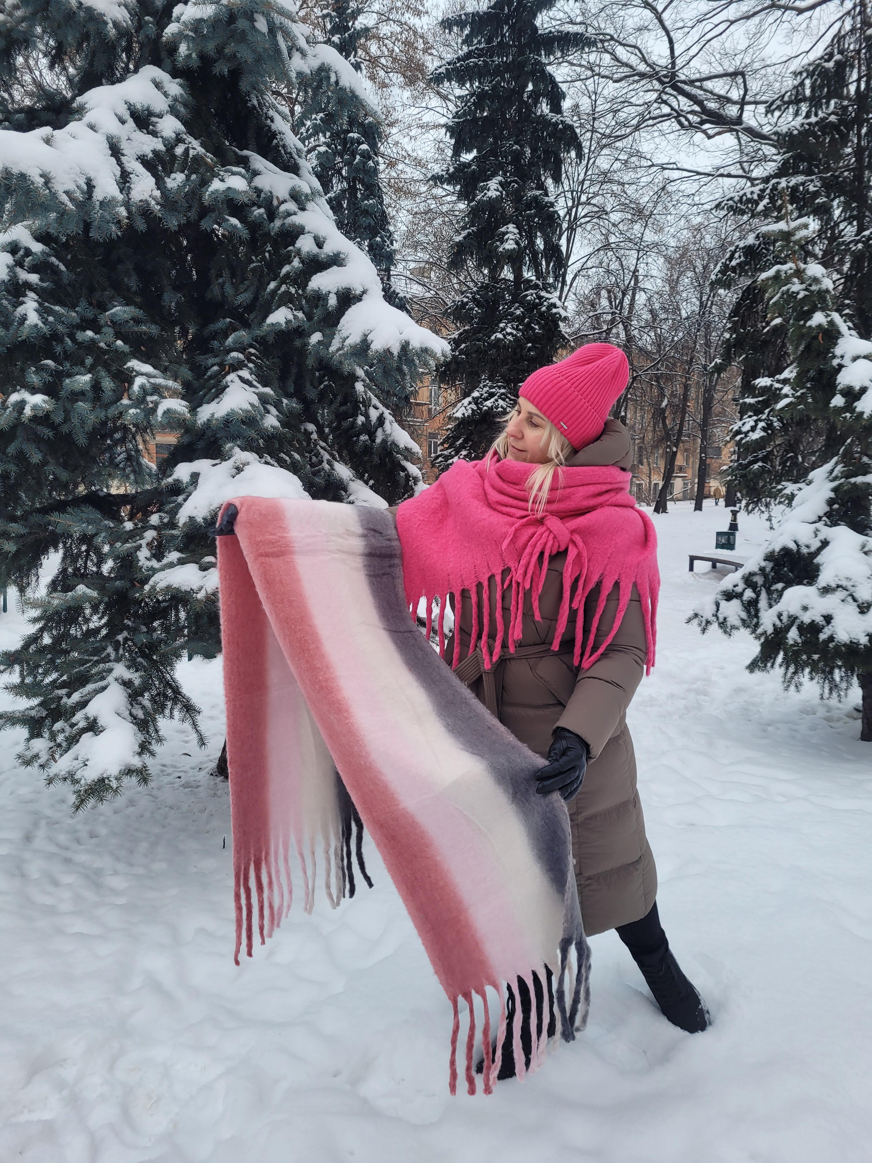 Шарф кашемировый женский Дред в полоску бахрома большая 210x40 см Темно-серый/Бежево-розовый