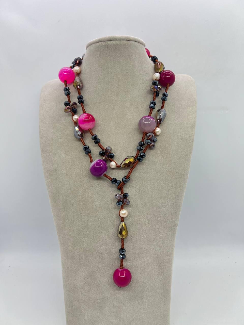 Бусы агат и стекло 16 мм 85 см Розовый (11857)