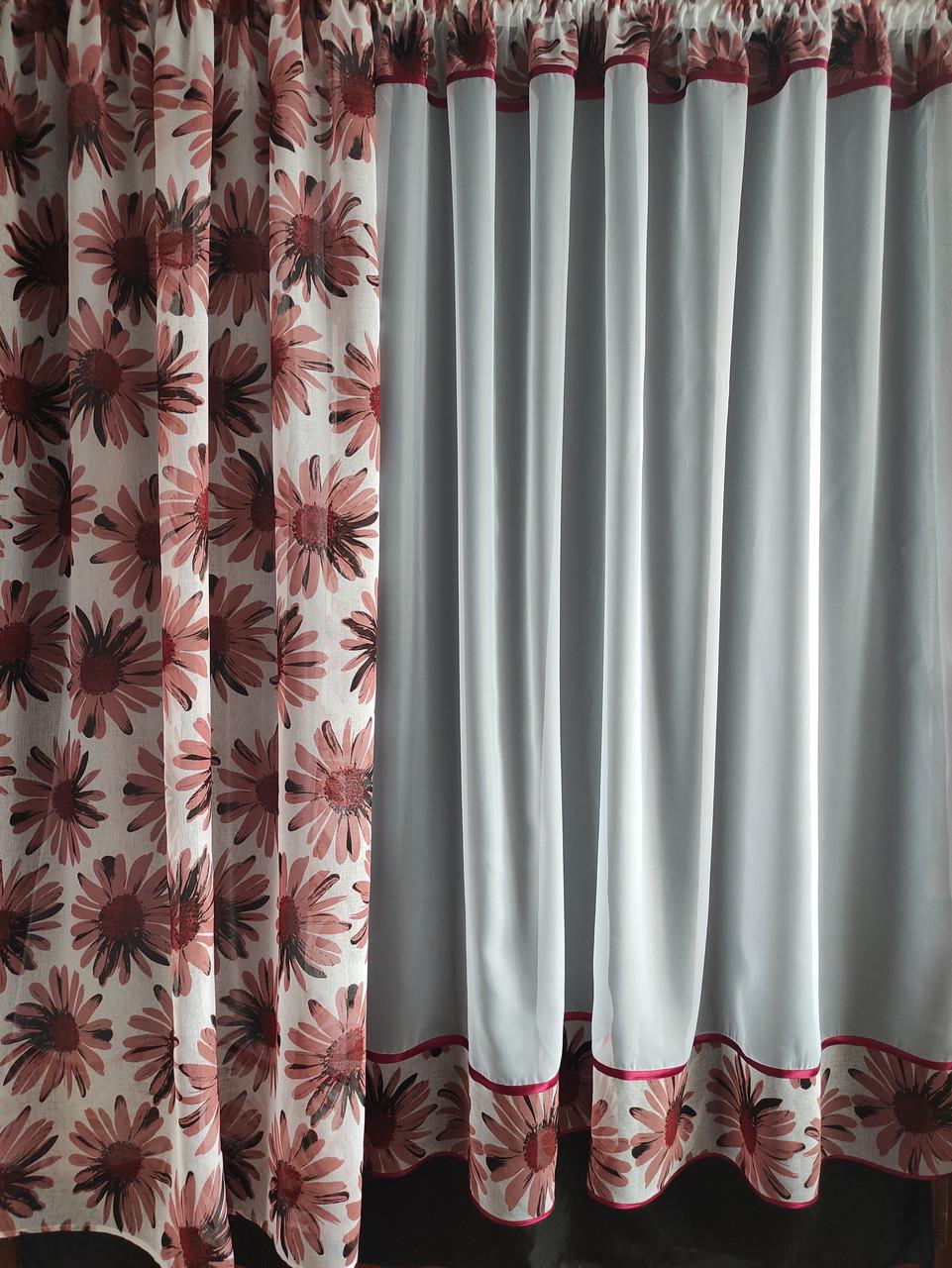Комплект на кухонное окно Ромашка шифон и батист с цветами 290х190 см Белый/Терракотовый (ромашка-04) - фото 4