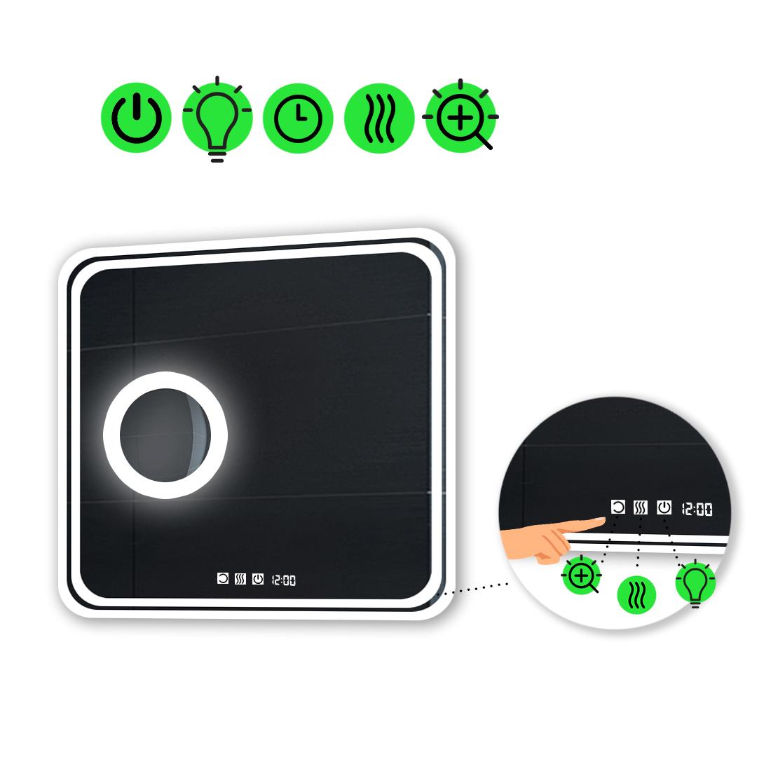 Зеркало с LED подсветкой Ottavia с тремя сенсорами/часами/подогревом и линзой с подсветкой 80x80 см (Ottaviak26)