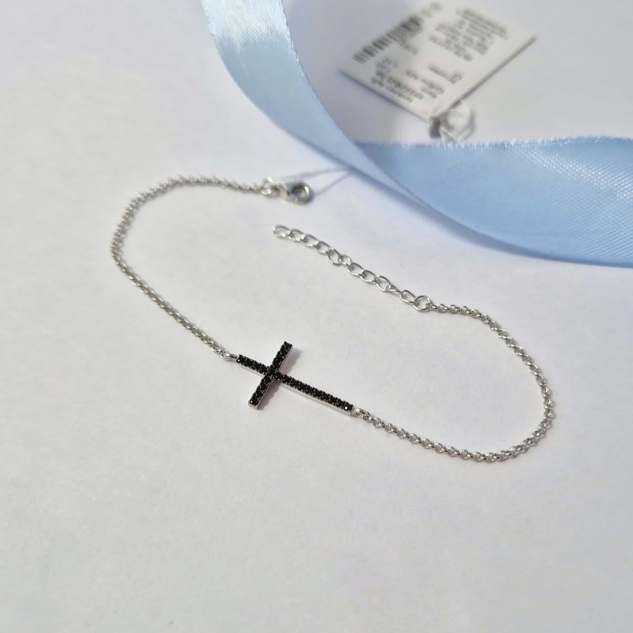 Браслет крестик с черными камнями серебро 925 пробы родованное 1,62 г 17-20 см (991ф2)