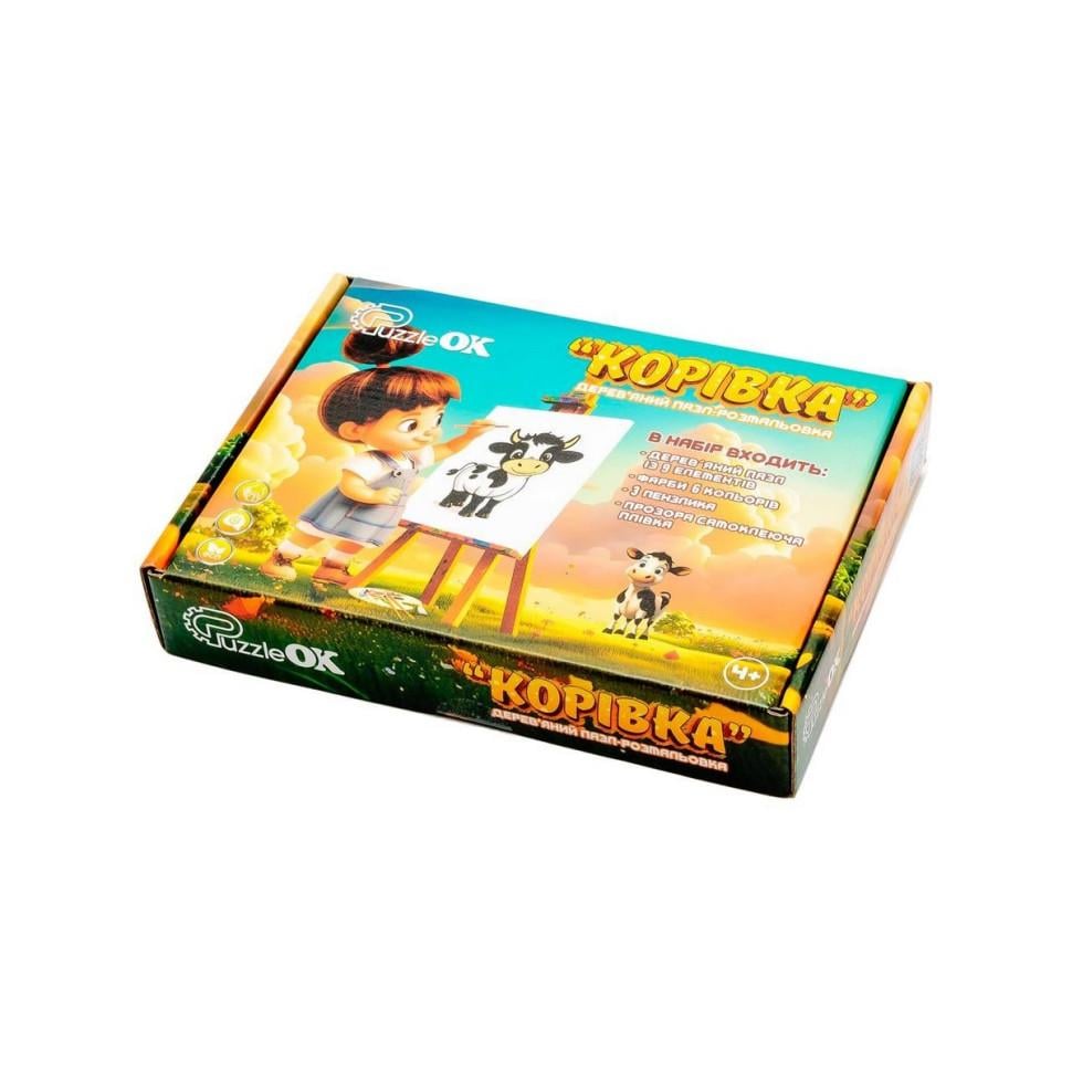 Пазлы деревянные PuzzleOK Раскраска Коровка A5 с кисточкой и красками (IP-177-P-26)