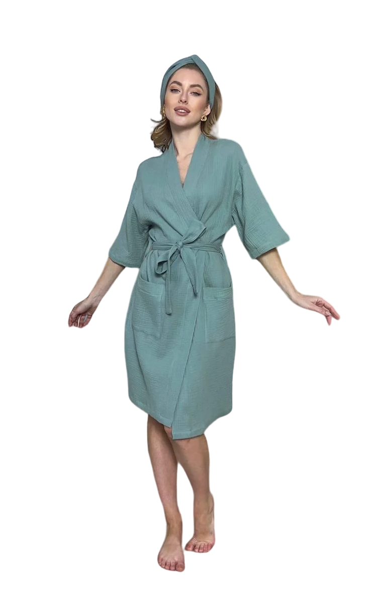 Подарочный набор COSY Oliva халат-кимоно муслин/повязка для волос/скраб для тела 2XL Оливковый (M11+H1+SBP01+K4COSY)