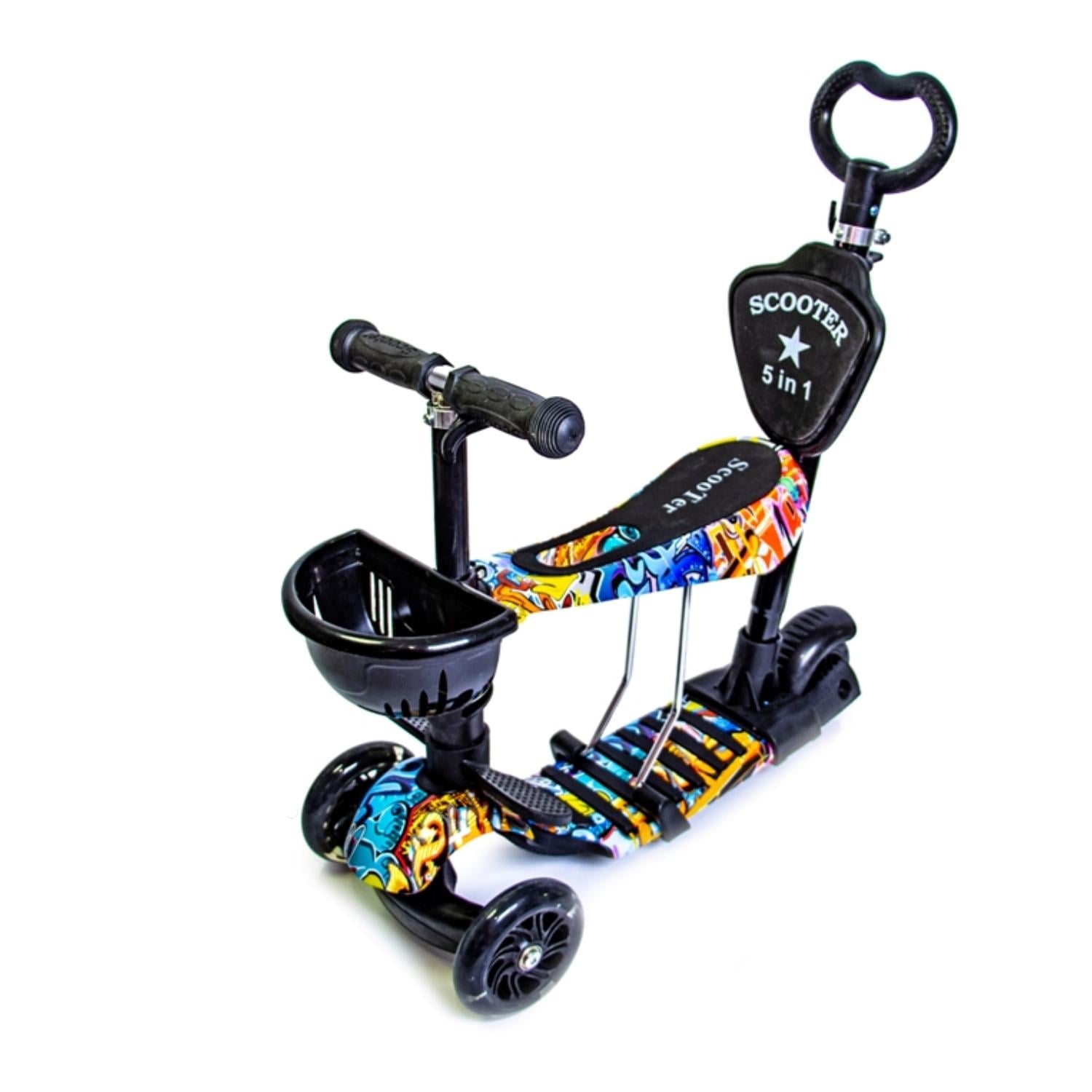Самокат Scooter 5в1 із кошиком та батьківською ручкою Black (1617629379)