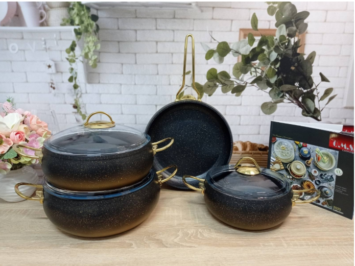 Набір посуду зі сковородою OMS з антипригарним покриттям 7 предметів Чорний/Золотий (3023-gold) - фото 3