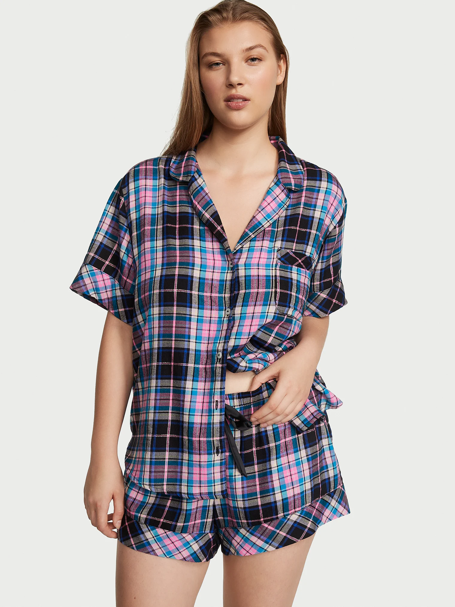 Піжама жіноча Victoria's Secret Flannel Short Pajama Set фланелева в клітинку М Різнокольоровий (15271409)