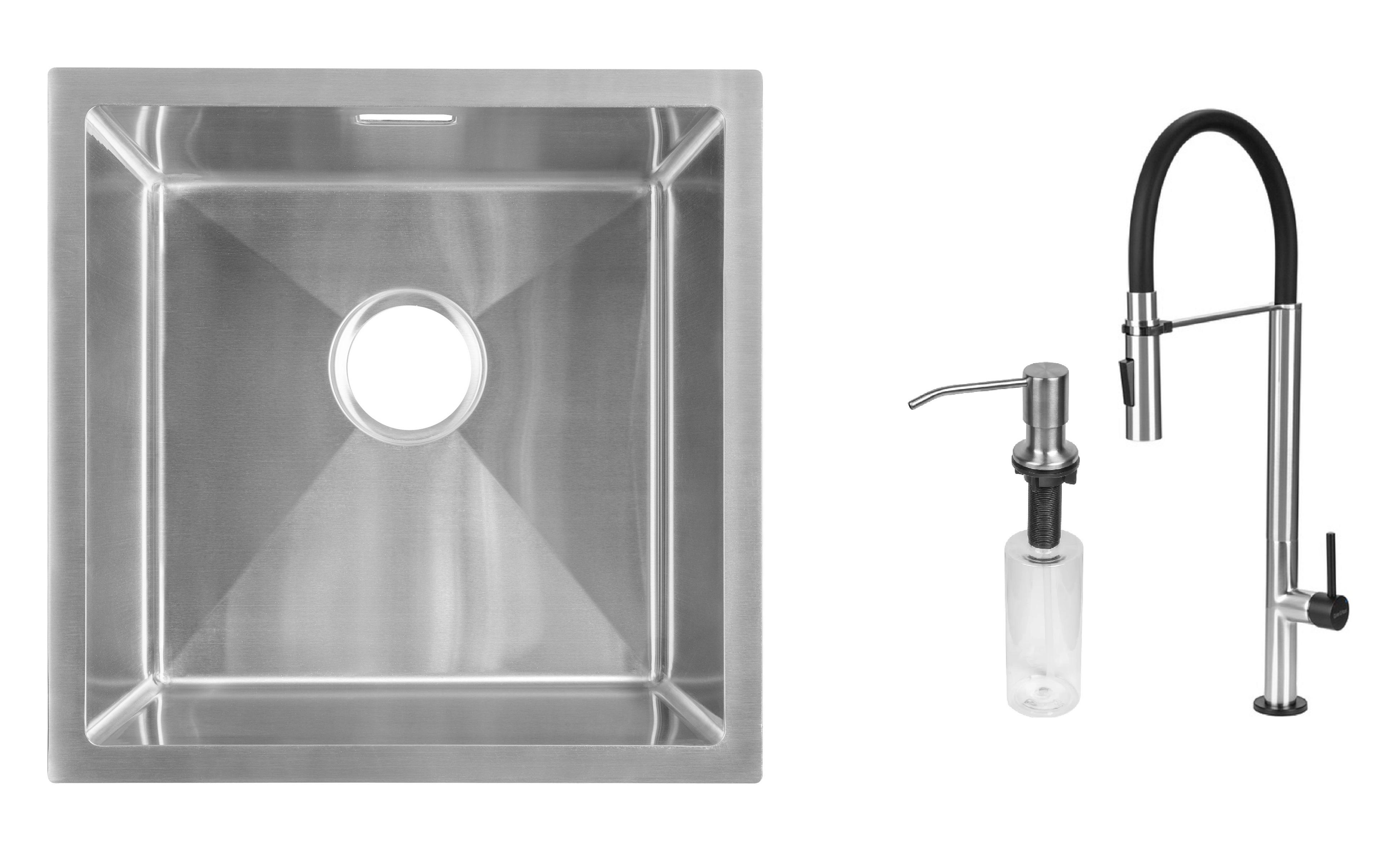 Комплект из кухонной мойки Gunter&Hauer Olef 4522 Inox кухонного смесителя Gunter&Hauer STERN Brush Black и дозатора Gunter&Hauer SOAP DISPENSER Inox