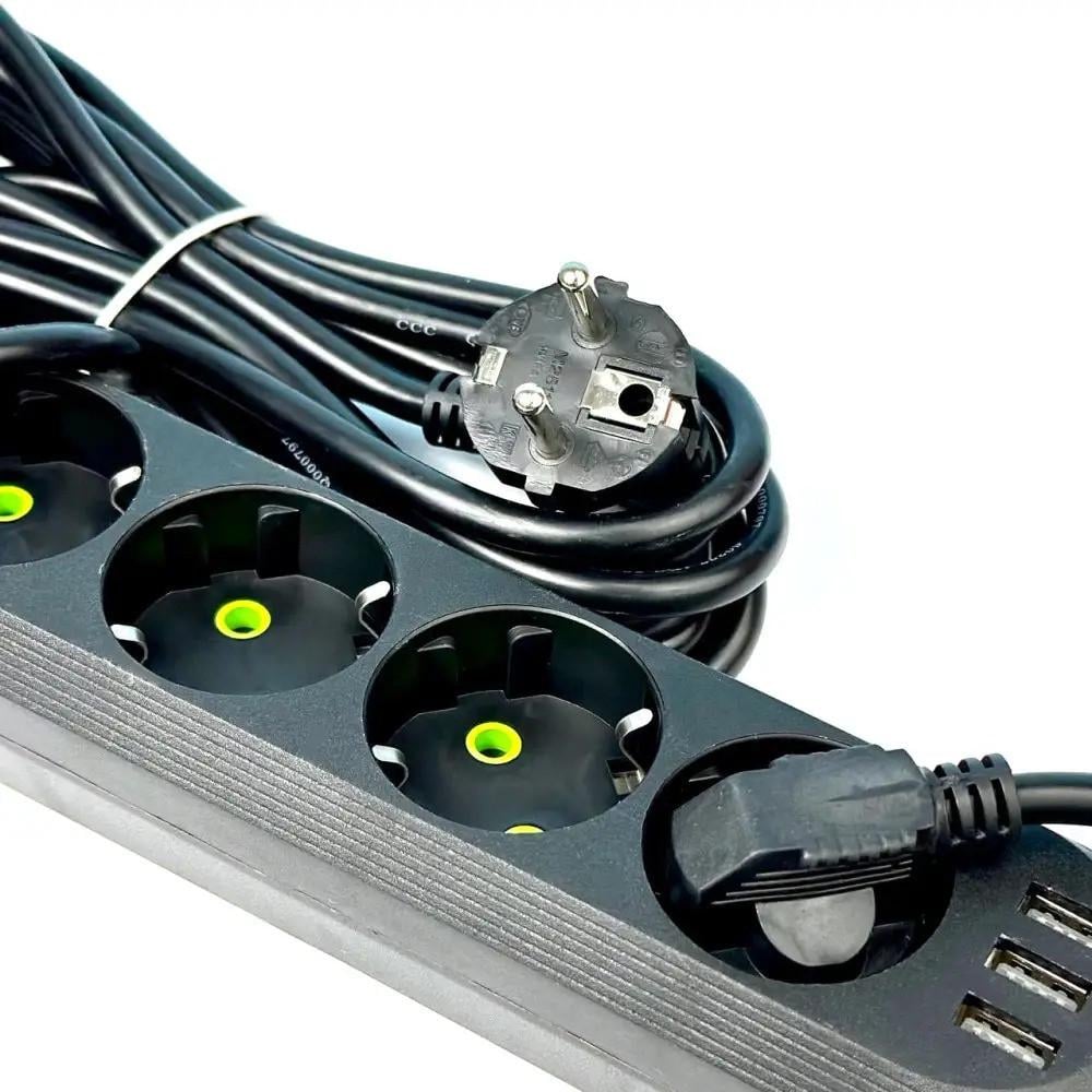 Подовжувач Power F05U 6 м 5 розеток 3 USB UA Чорний (021266) - фото 3