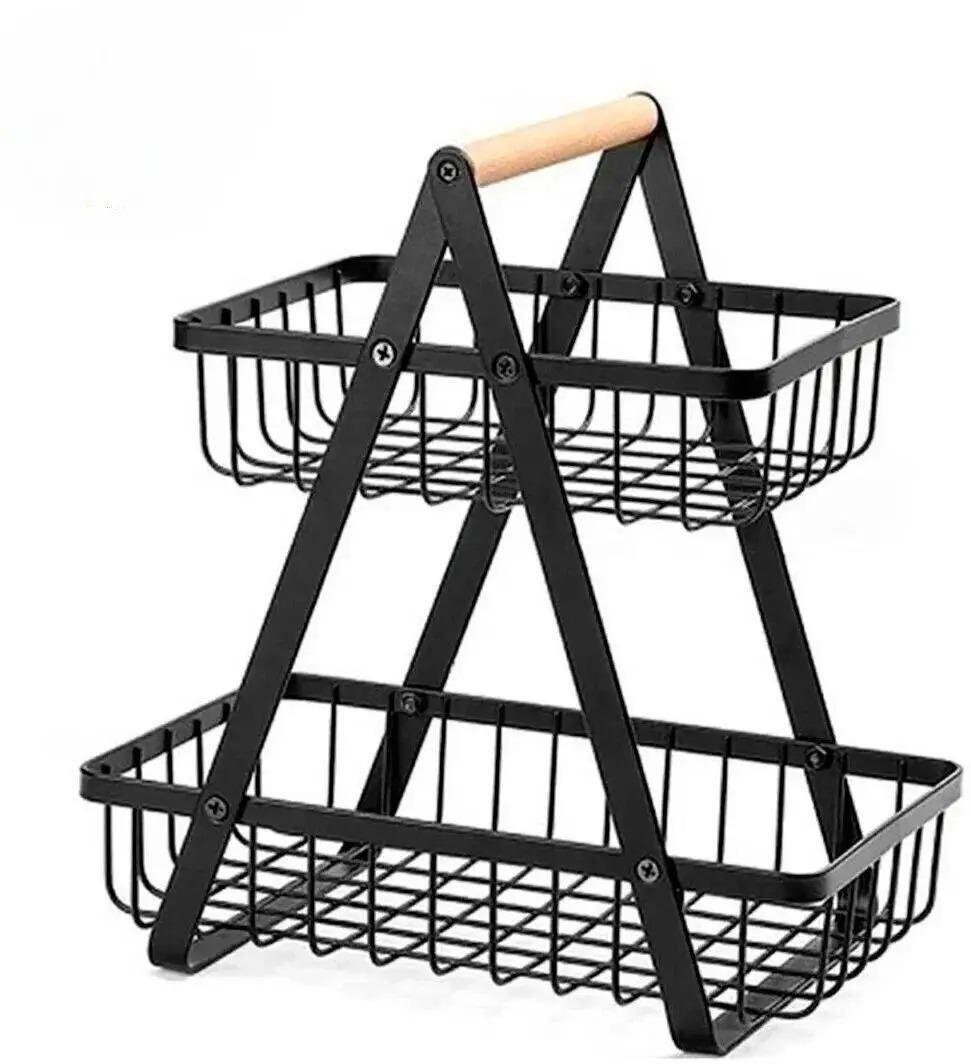 Кошик для фруктів двоярусний з дерев'яною ручкою розбірний залізний