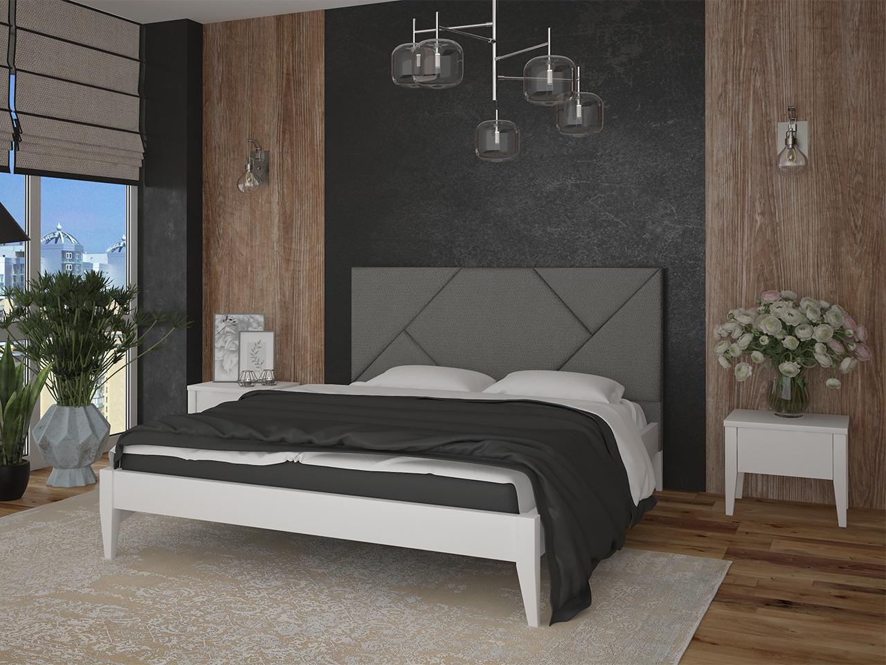 Кровать двуспальная MebiGrand Нью-Йорк ДК с мягким изголовьем/ламелями из натурального дерева/ткани 160х200 см Белый/Серый (51934)